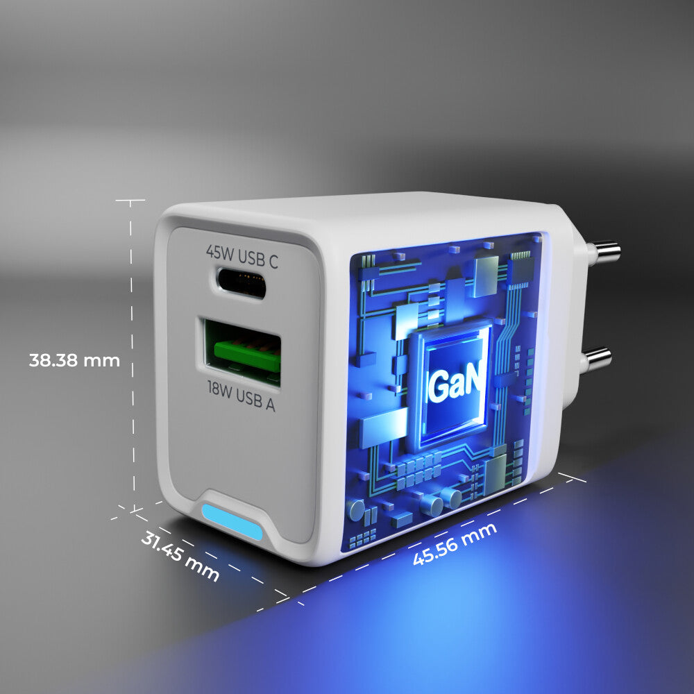 prio Wandladegerät GaN Power 45W PD PPS (USB C) + QC 3.0 (USB A) weiß