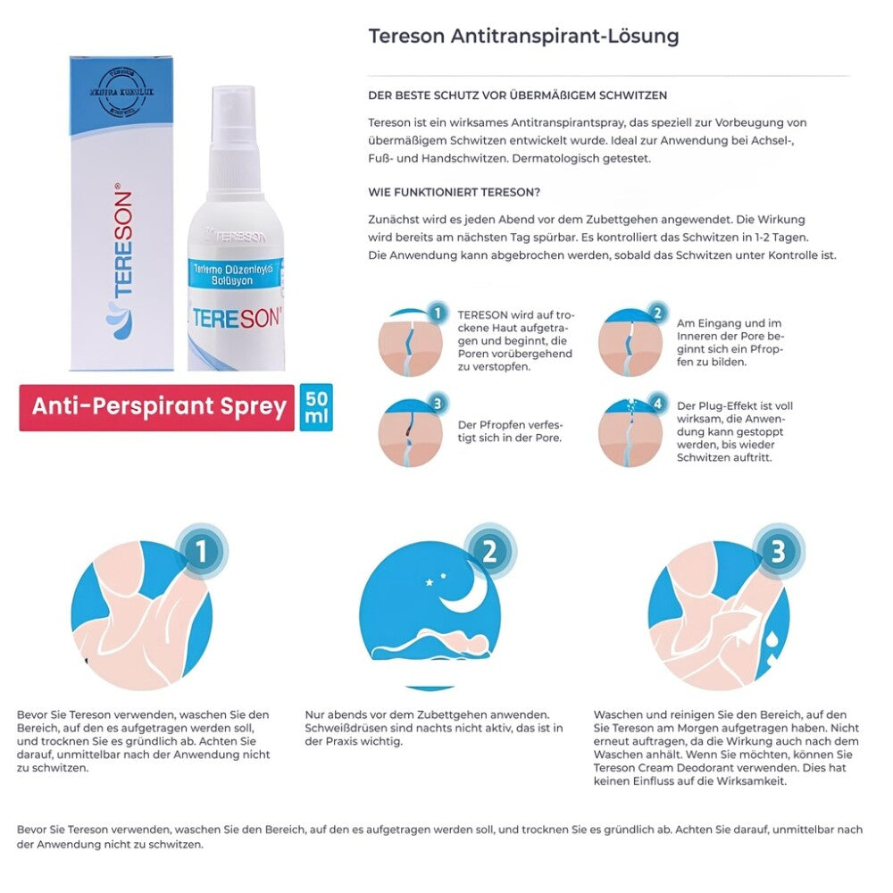 Tereson Antitranspirant Spray 50 ml, stark gegen Schwitzen an Achseln und Händen x2