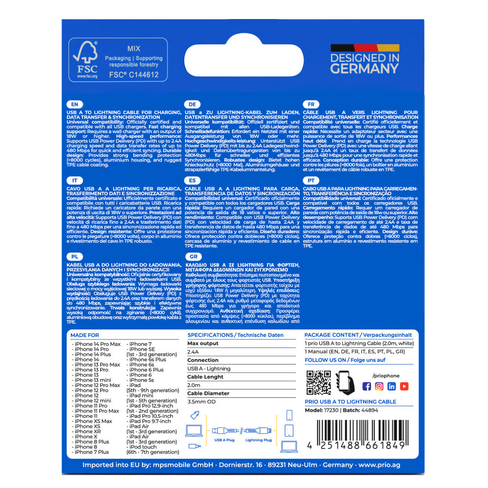 prio Lade- und Synchronisierungskabel USB A auf Lightning Mfi zertifiziert 2m weiß