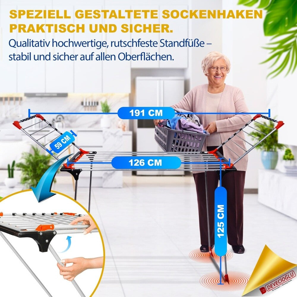 Devecioğlu Flügelwäschetrockner, Klappbar, 22m Trockenlänge, Standtrockner