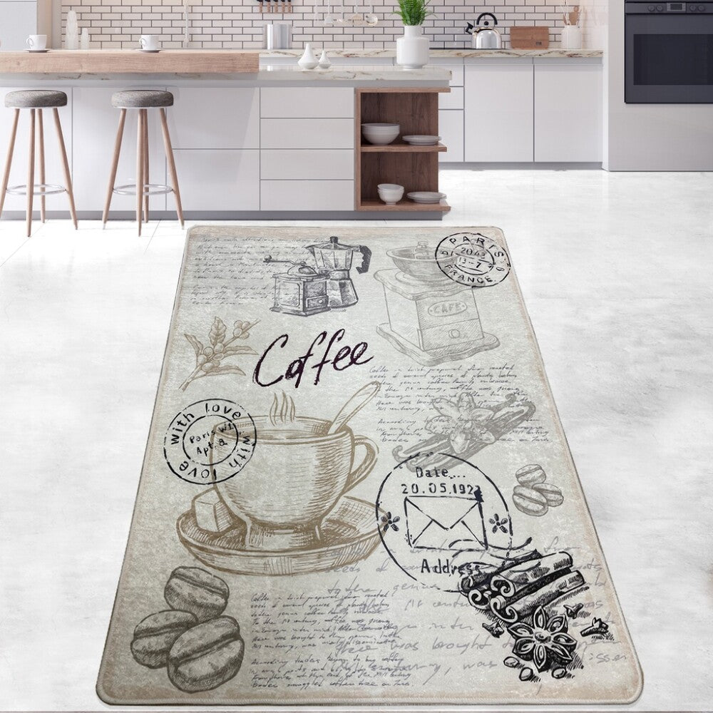 miqna Küchenteppich Gel Läufer Grau Weiß Schwarz – rutschfest, Coffee Design
