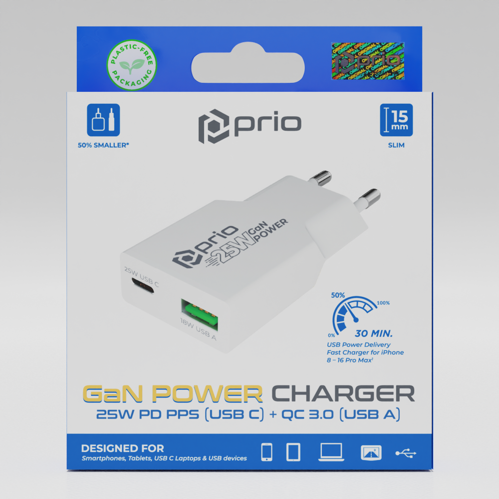 prio Ladegerät GaN POWER 25W PD PPS (USB C)+QC 3.0 (USB A) weiß