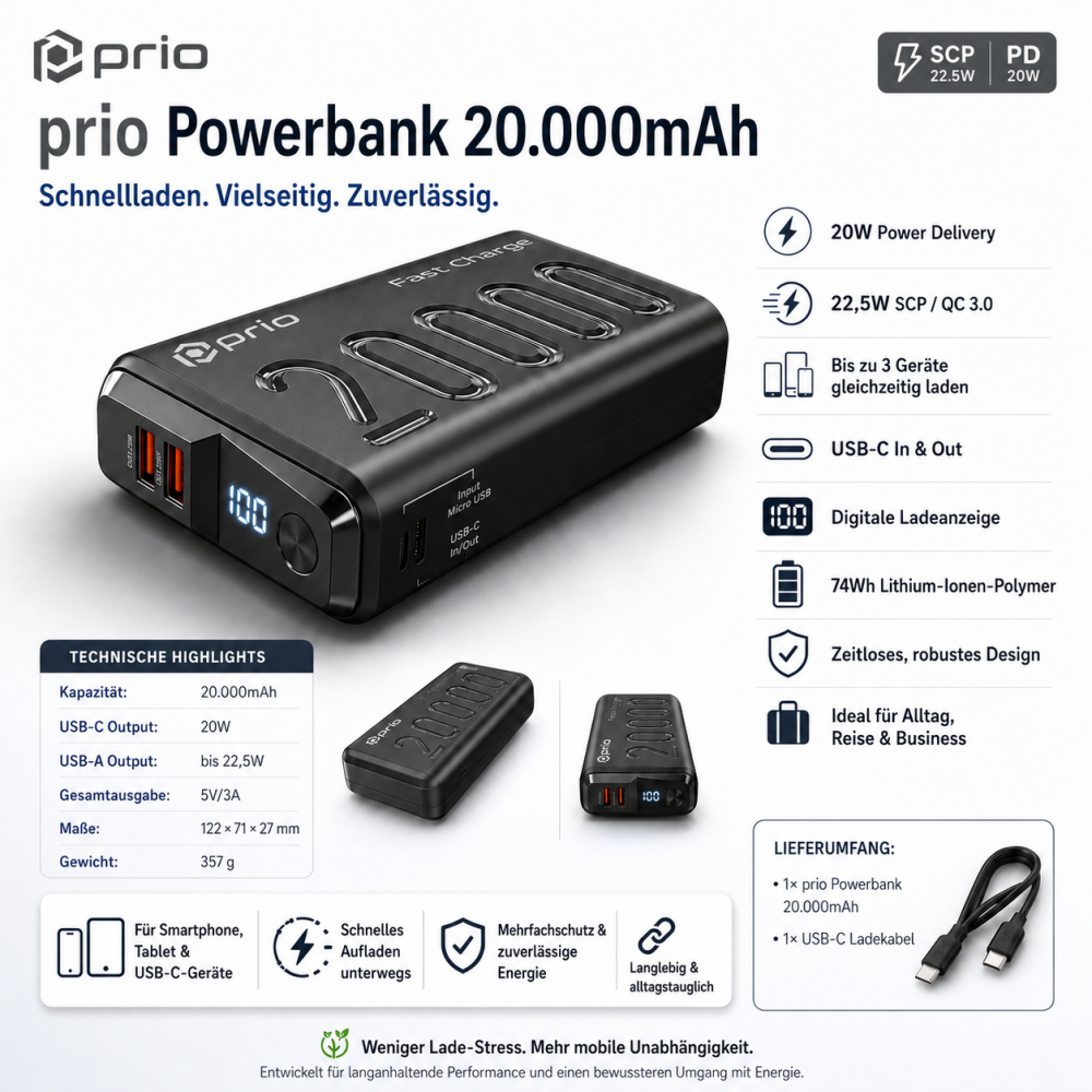 prio Schnelllade (22.5W SCP / 20W PD / QC3.0 ) Powerbank 20.000mAh schwarz