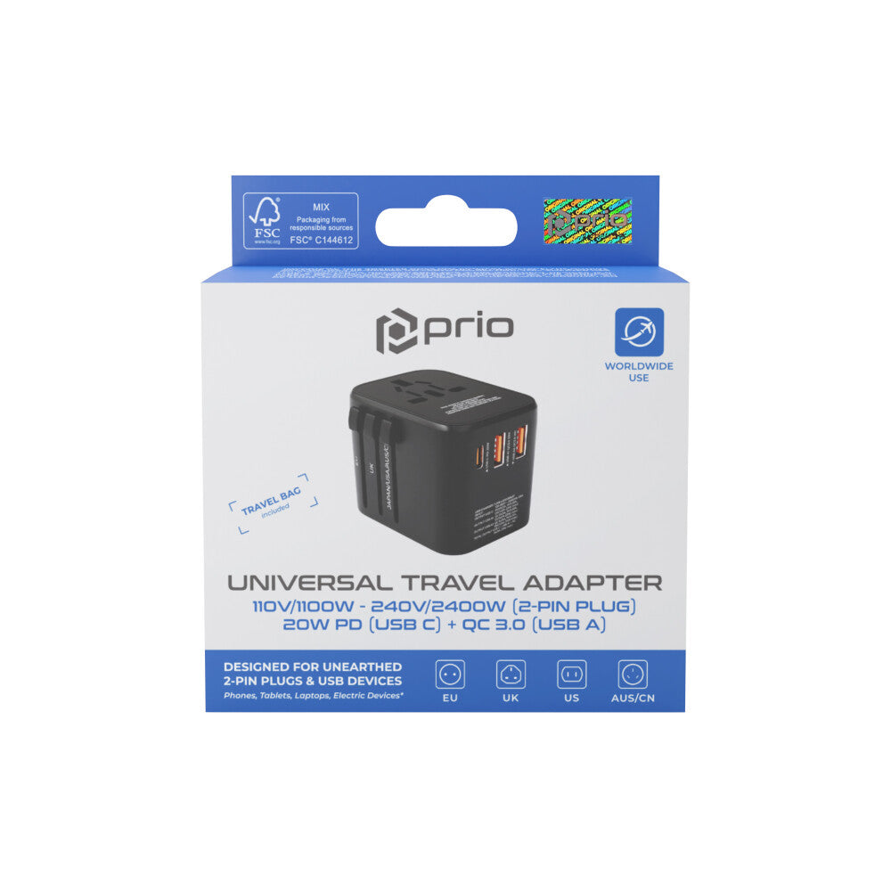 prio universal travel adapter 20W black