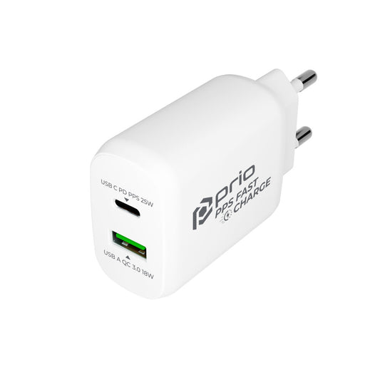 Prio Fast Charging Wall Charger 25 W PD PPS (USB C) + QC 3.0 (USB A) white