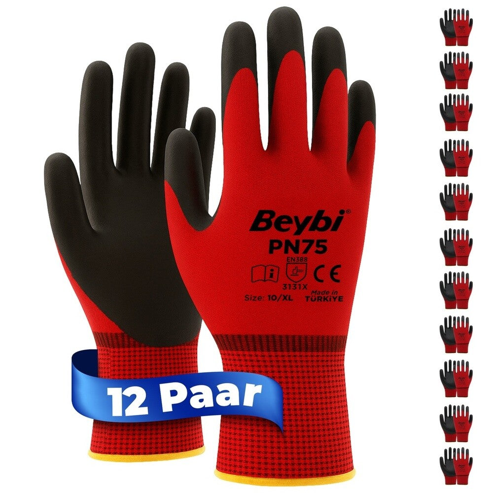 12 Paar Arbeitshandschuhe, Polyester, Rot und Schwarz