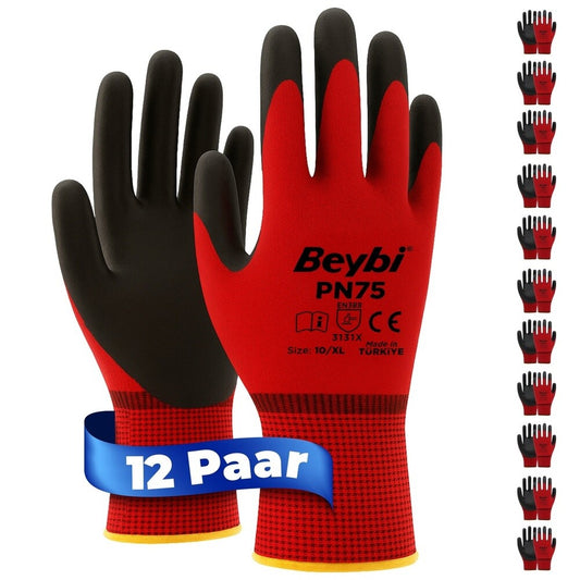 12 Paar Arbeitshandschuhe, Polyester, Rot und Schwarz