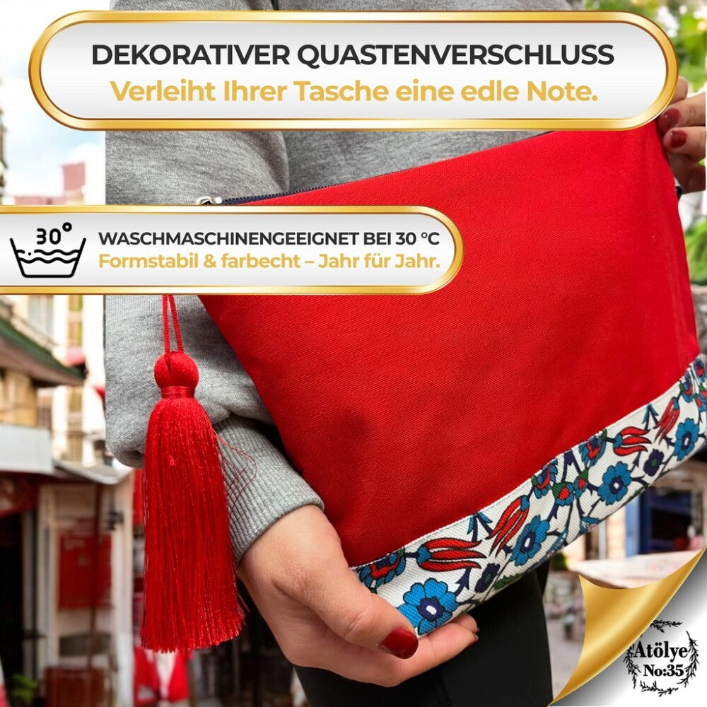 Kulturtasche Damen, Kosmetiktasche Rot, Ethnisches Muster, 32x24 cm