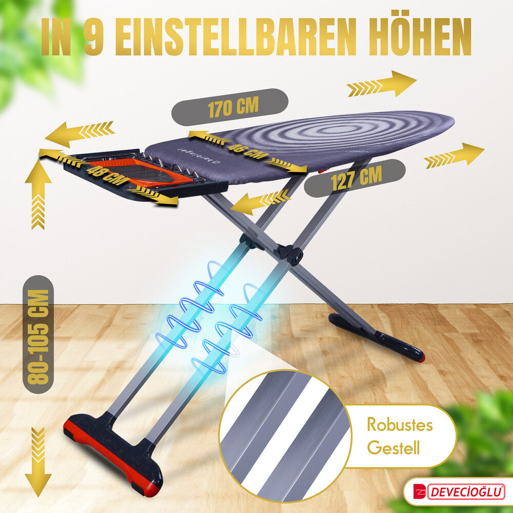 Bügelbrett, Bügeleisen Ablage, Bügelbrettbezug 46x127cm, Höhe 80-105cm, Schwarz