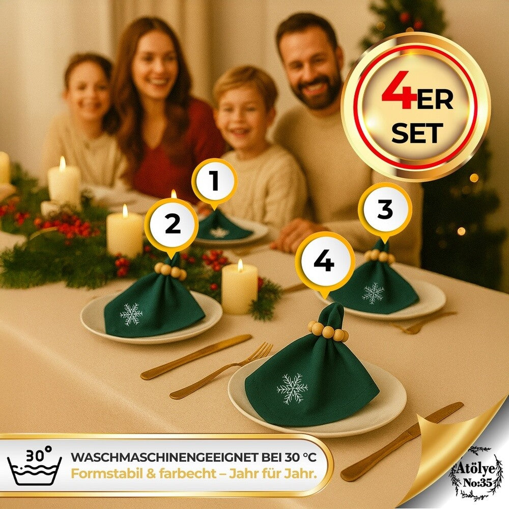 Stoffservietten Weihnachten 4er Set Zümrütgrün Schneeflocken-Stickerei 35x35 cm - Stickerei