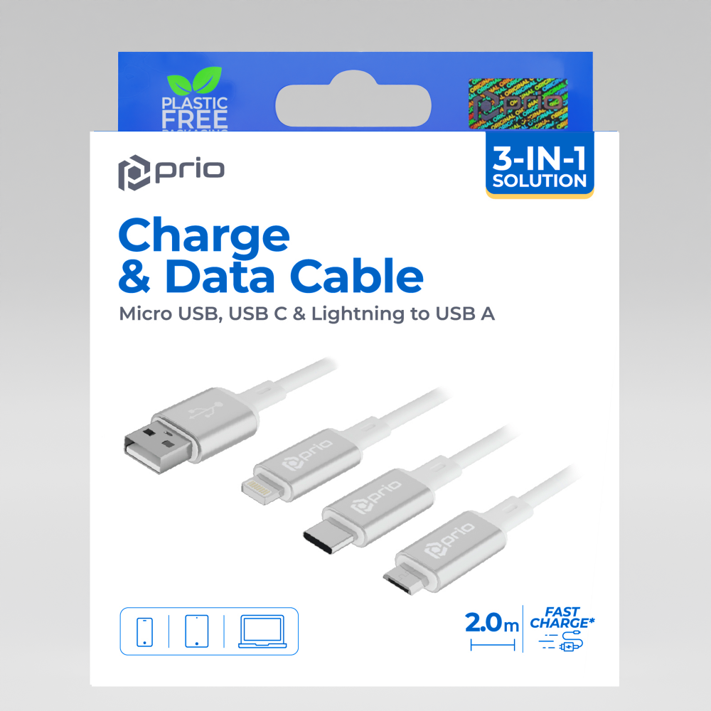 prio 3in1 Micro USB & USB C & Lightning zu USB A Kabel 3A 2m weiß