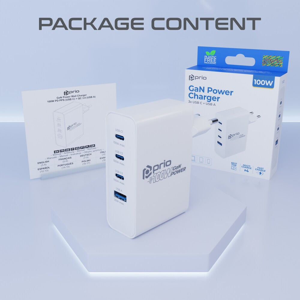 prio Wandladegerät GaN Power 100W PD PPS (USB-C) + QC 3.0 (USB-A) weiß Hauptbild