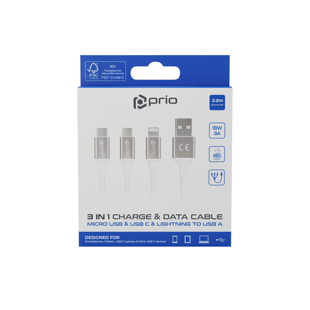 prio 3in1 Micro USB &amp; USB C &amp; Apple cable to USB A cable 3A 2m white