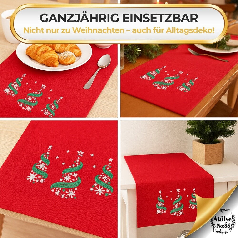 Tischsets Weihnachten, 4er Set Rot Gold Rentier-Stickerei, Abwaschbar 45x35 cm