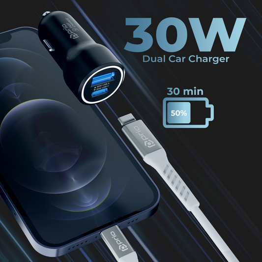 prio Fast Charge Car Charge 30W PD (USB C) + 30W (USB A) schwarz