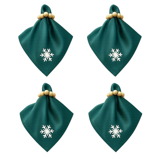 Stoffservietten Weihnachten 4er Set Zümrütgrün Schneeflocken-Stickerei 35x35 cm