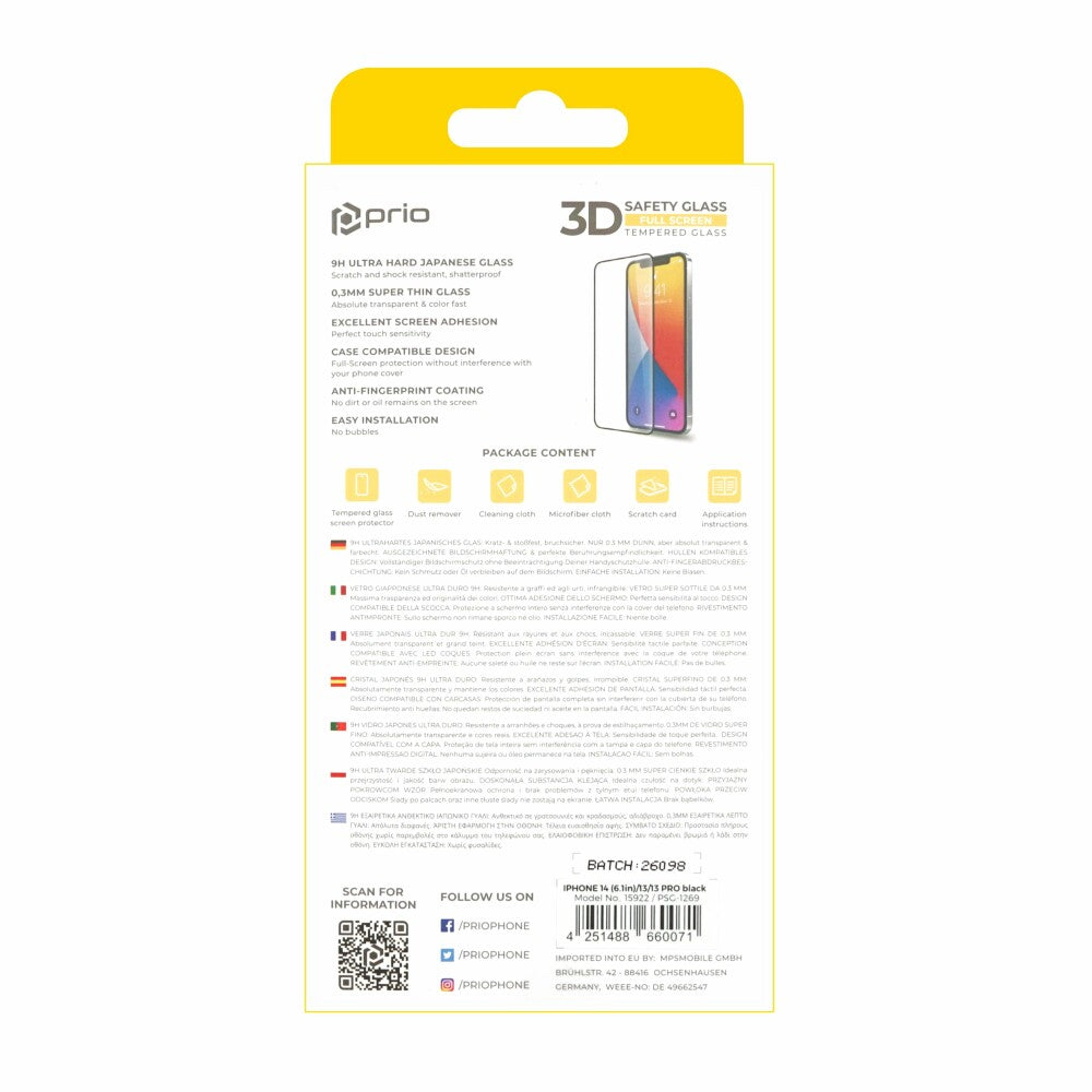 prio 3D screen protector glass for iPhone 14 /13/13 Pro black