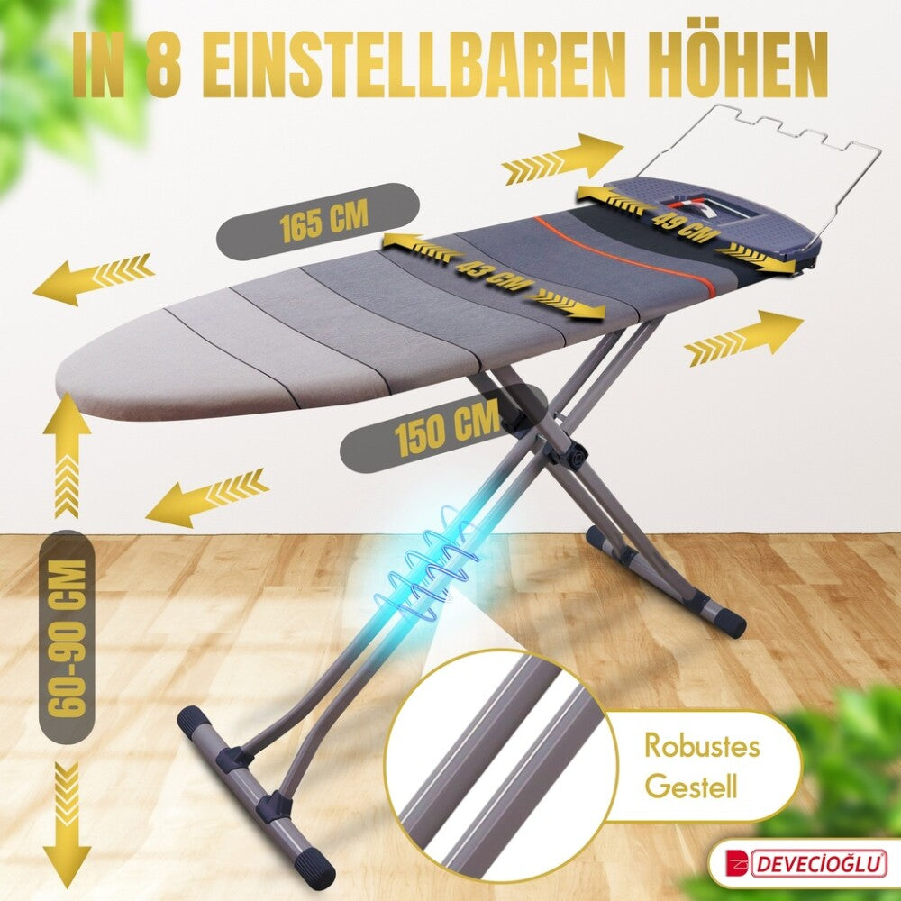 Bügelbrett, Bügeleisen Ablage, Bügelbrettbezug 43x150cm, Höhe 60-90cm, Grau