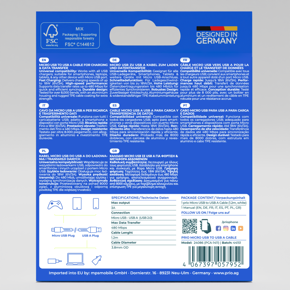 prio Lade- & Datenkabel Micro USB auf USB A 1,2m weiß Hauptbild