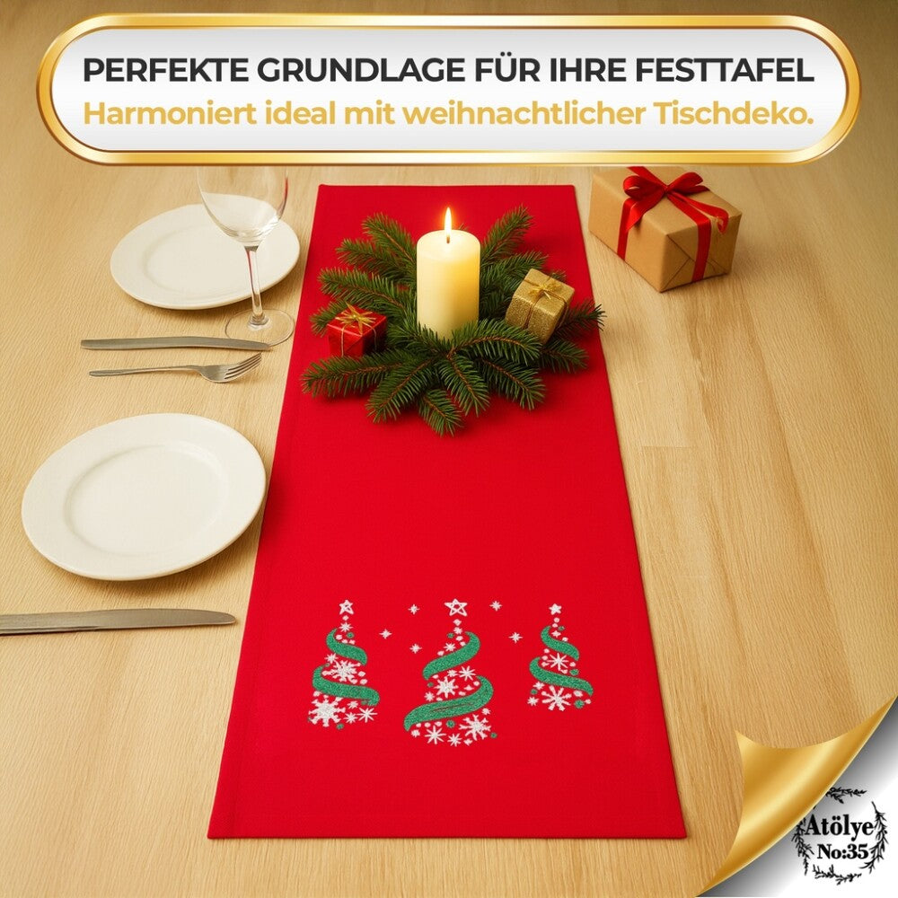 Weihnachtlicher Tischläufer Rot mit Tannenbaum-Stickerei 35x120, Weihnachtsdeko