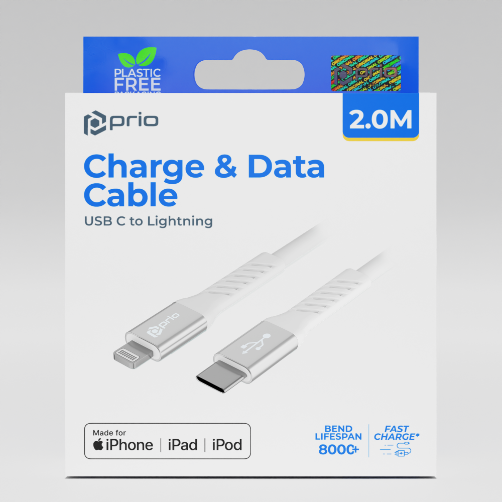 prio Lade- und Synchronisierungskabel USB C auf Lightning MFi-zertifiziert 2 m weiß