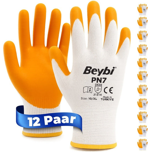 12 Paar Arbeitshandschuhe, Polyester, Gelb und Weiß