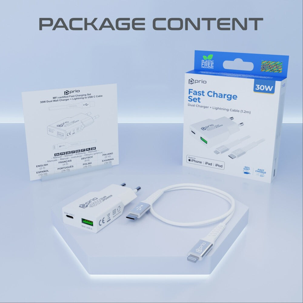prio Mfi Set (30W Dual GaN Ladegerät + Lightning - USB C Kabel) weiß Hauptbild