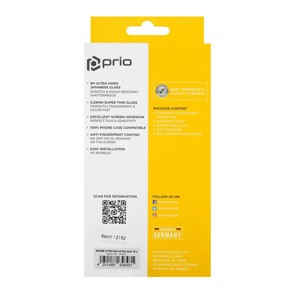 prio 10x Displayschutzglas für iPhone 12 Pro Max transparent