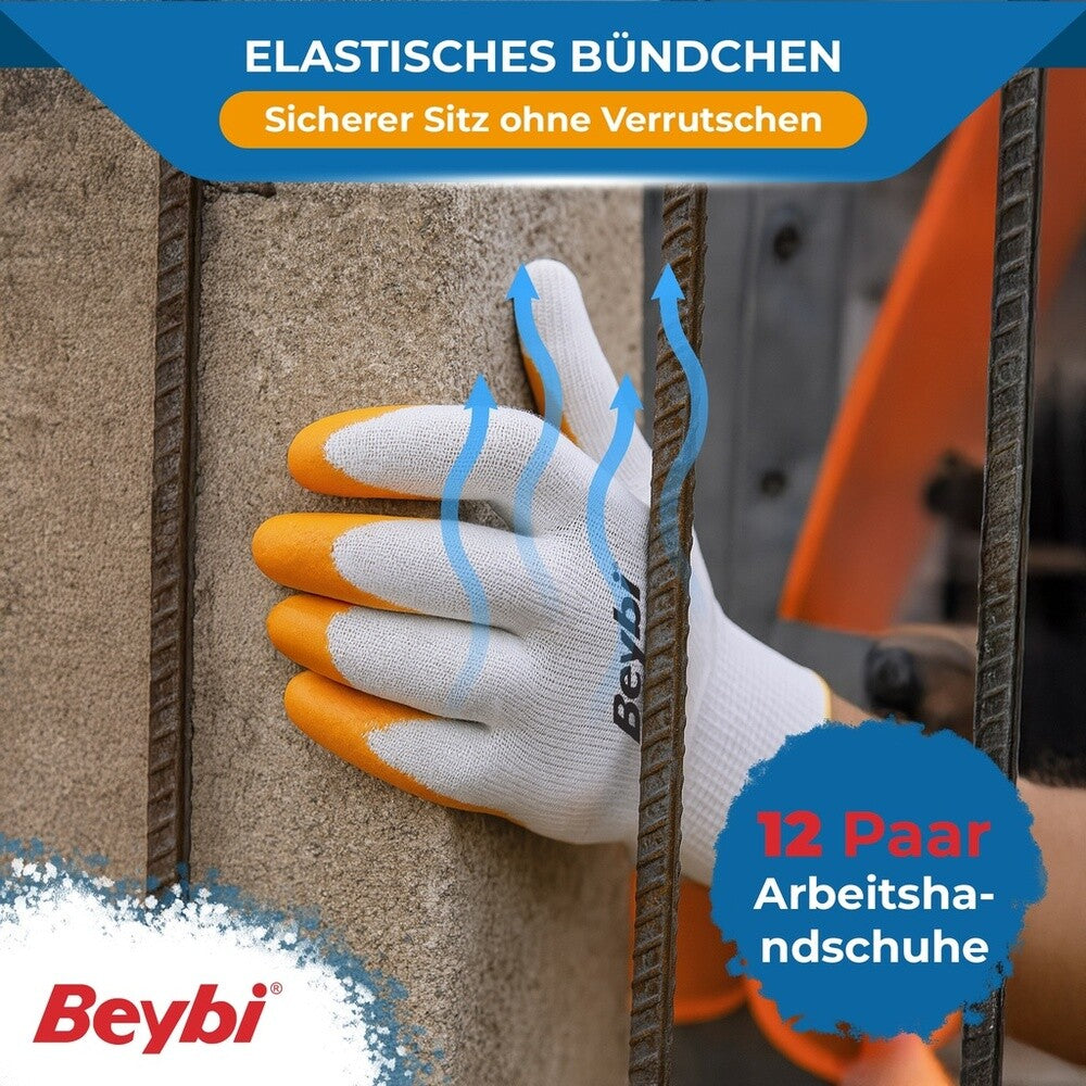 12 Paar Arbeitshandschuhe, Polyester, Gelb und Weiß