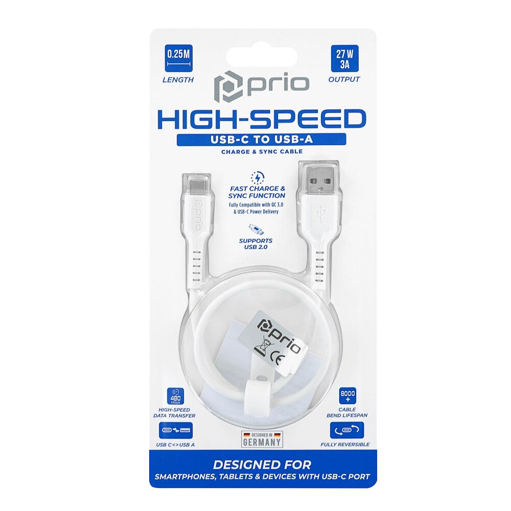 prio High-Speed ​​Charge &amp; Sync USB C to USB A cable 3A 0.25m white